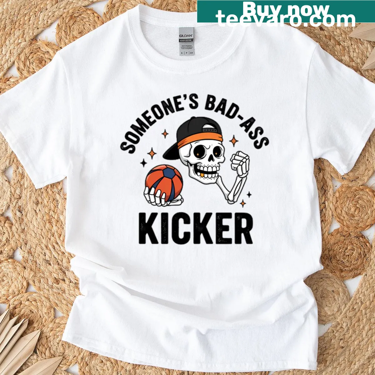 Bold T-shirt featuring an illustration of a skeleton kicking — on a men's t-shirt