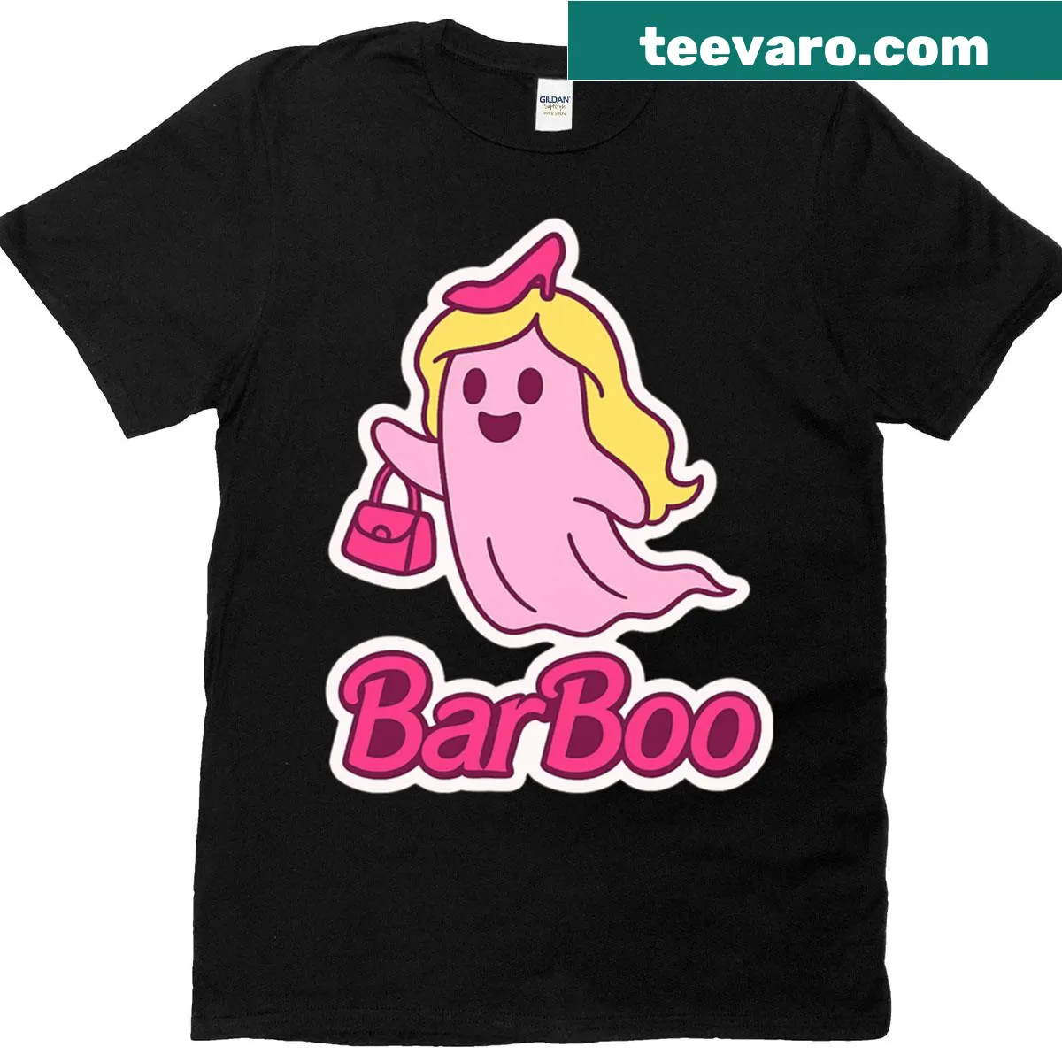 Playful pink ghost illustration for Halloween on T-shirt — on a men's t-shirt