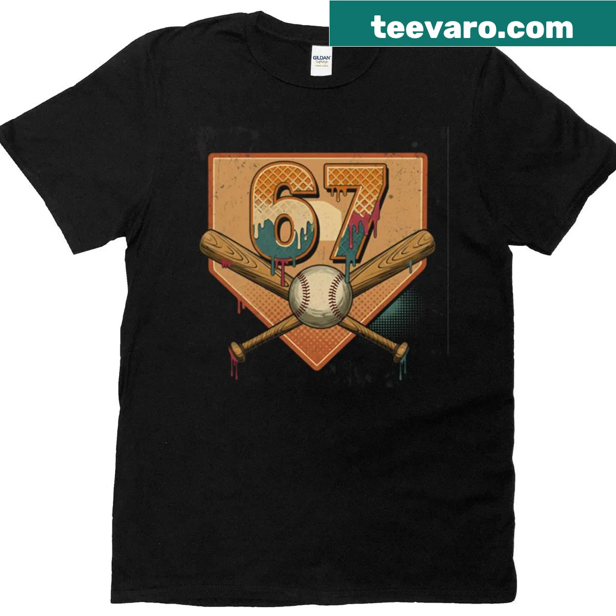 Funny baseball number 67 graphic shirt — on a men's t-shirt