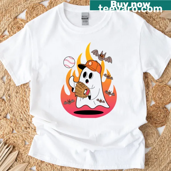 Cartoon ghost with a bat on a baseball-themed T-shirt.