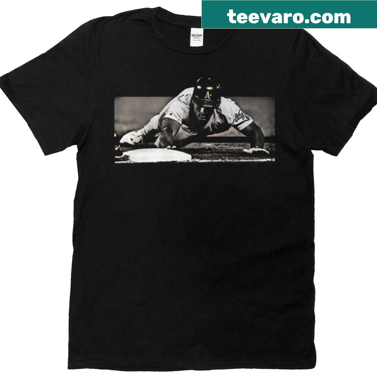 Dynamic graphic of a baseball player sliding into home plate — on a men's t-shirt