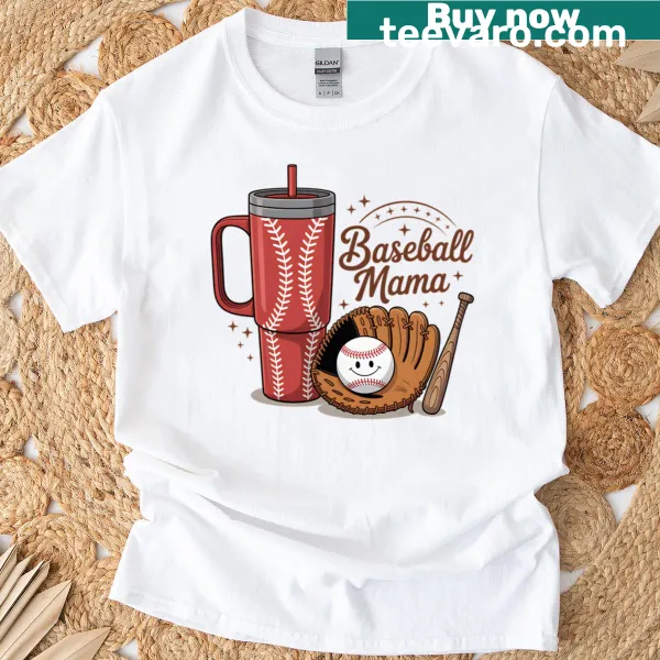 Graphic of a baseball mitt and tumbler on t-shirt
