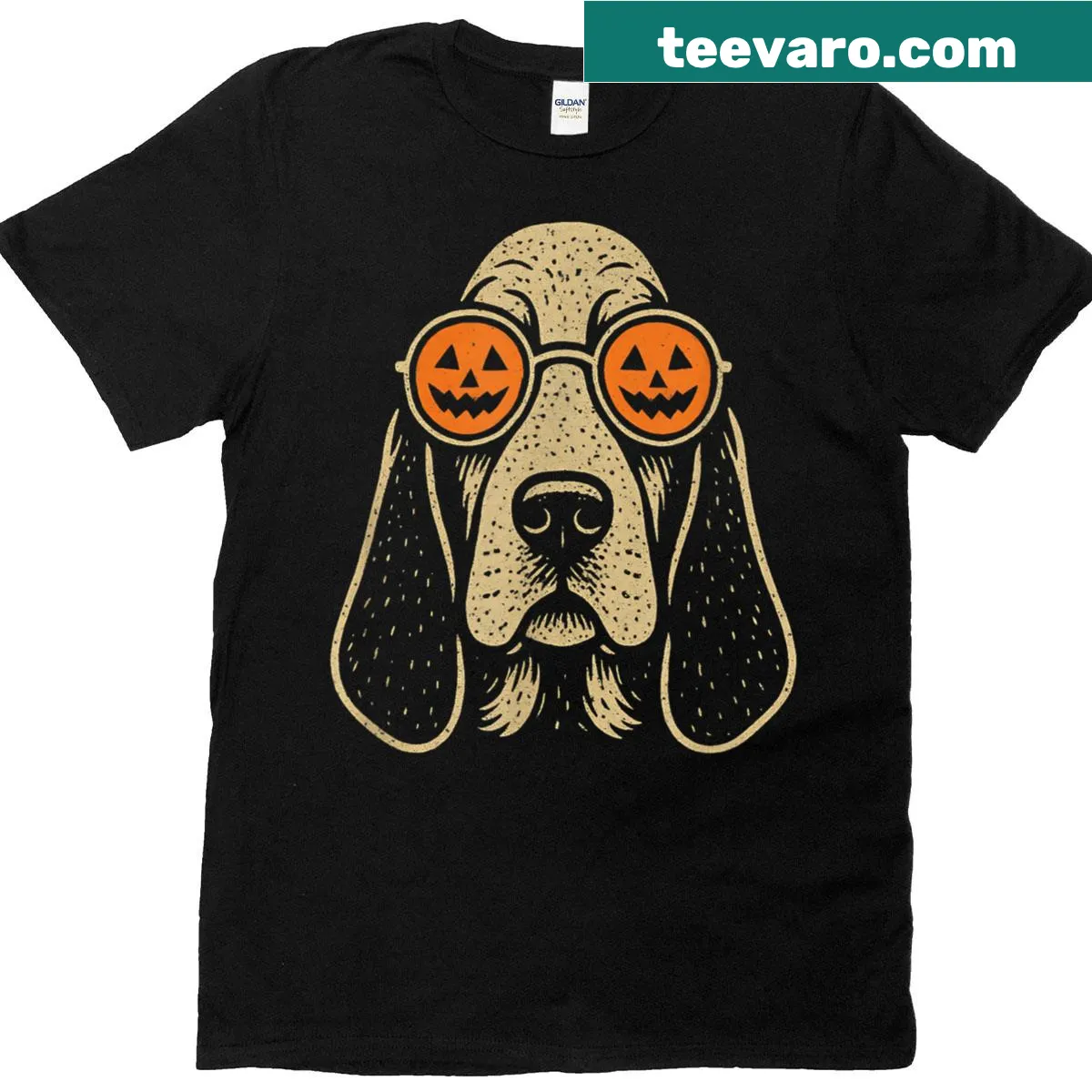 Cute Halloween t-shirt with a Basset Hound, pumpkins, and sunglasses — on a men's t-shirt