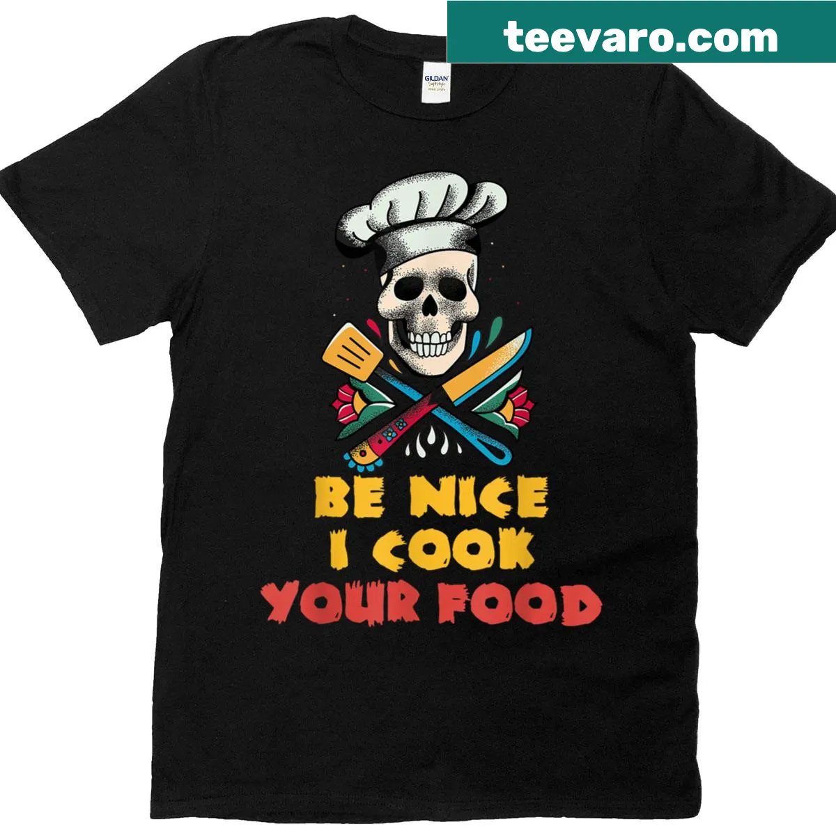 Funny chef skull t-shirt with a humorous cooking saying — on a men's t-shirt