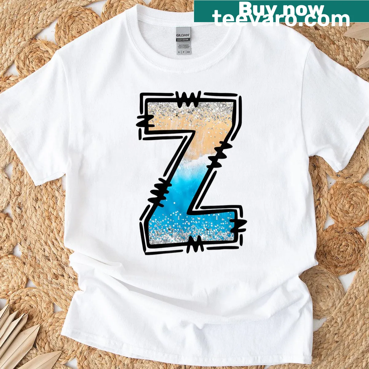 Illustrative T-shirt with beach-themed letter Z design — on a men's t-shirt