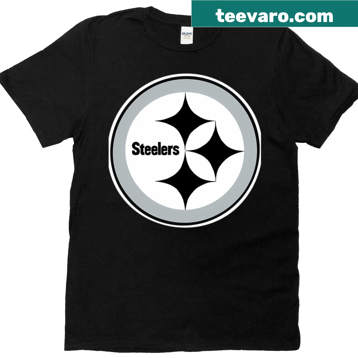 Black and white Steeler logo graphic on T-shirt — on a men's t-shirt