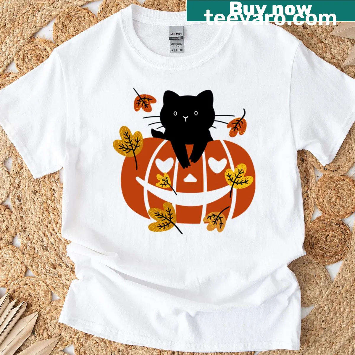 Whimsical graphic of a black cat and pumpkin on t-shirt — on a men's t-shirt
