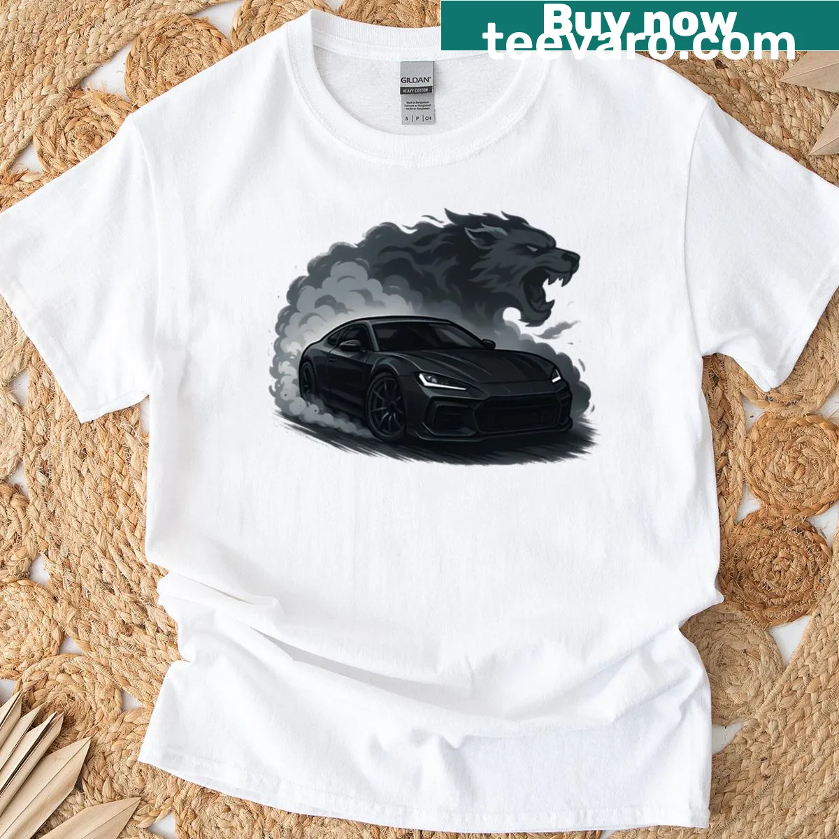 T-shirt with a wolf graphic integrated with a supercar design — on a men's t-shirt