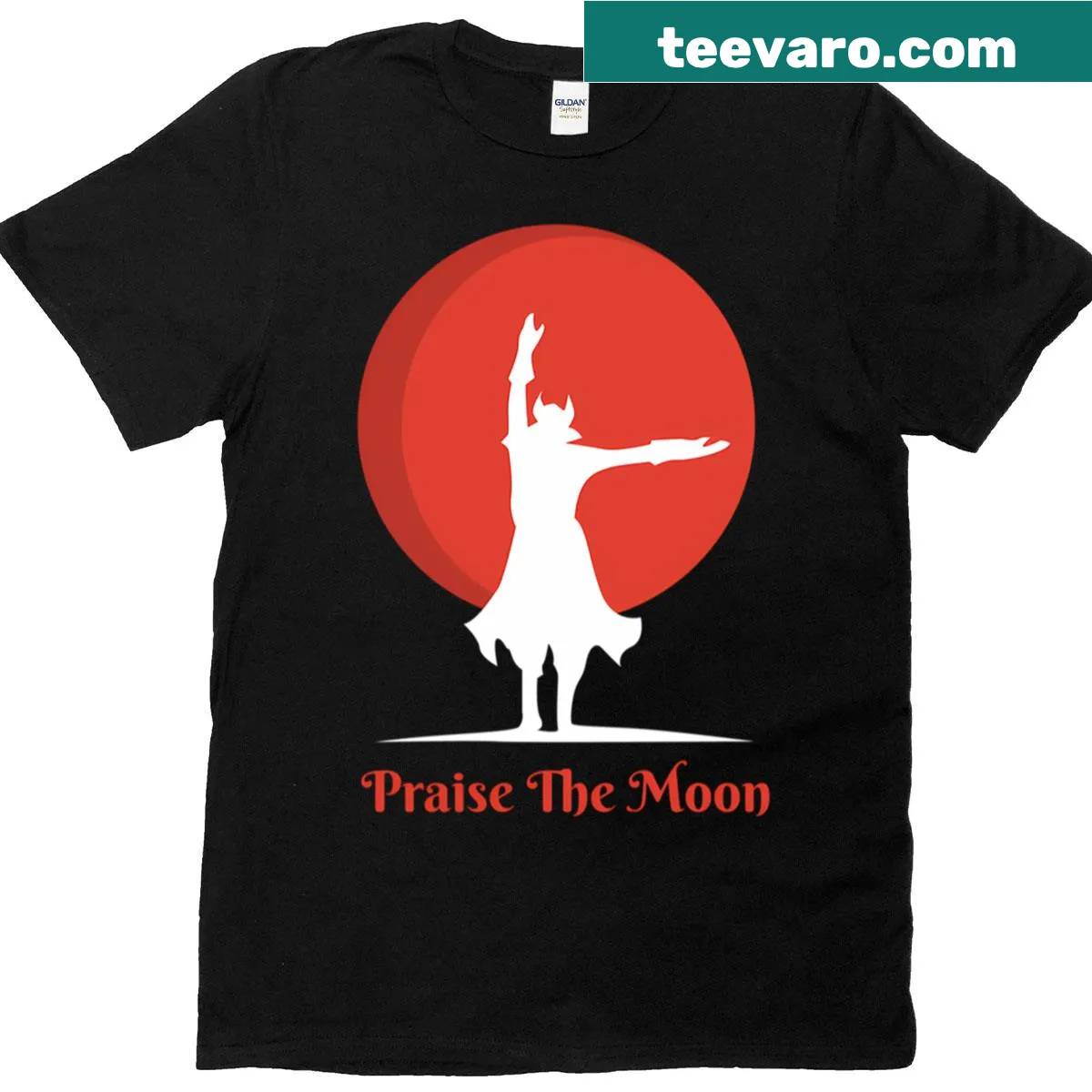 Bold graphic T-shirt with 'Praise The Moon' from Bloodborne — on a men's t-shirt