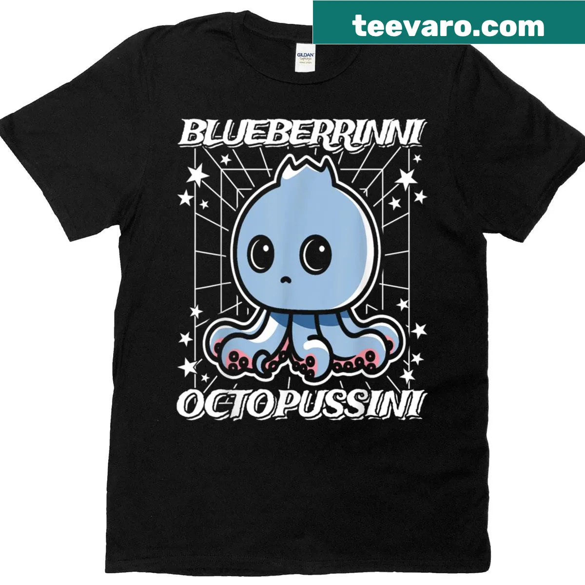 Cartoon blueberry octopus graphic on T-shirt — on a men's t-shirt