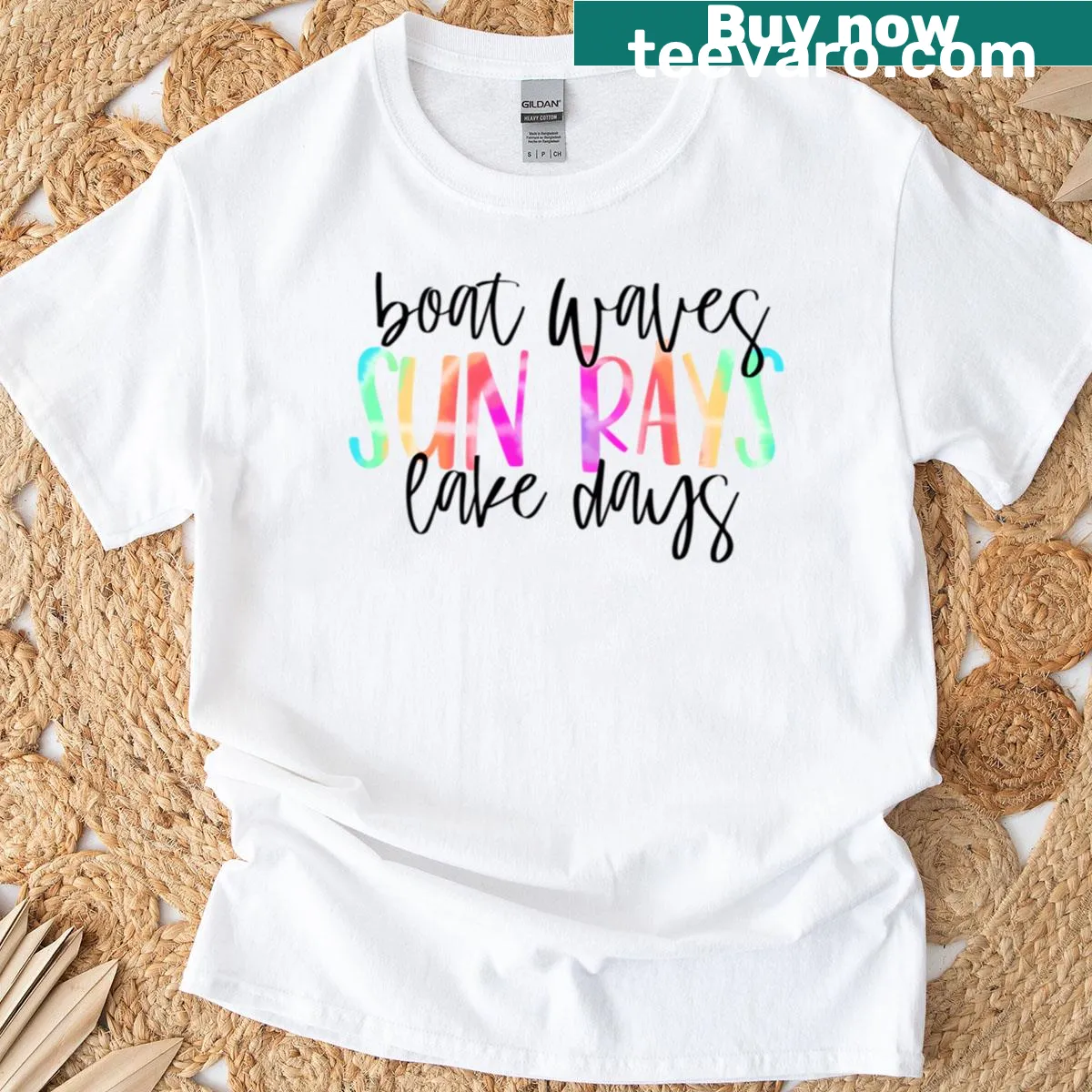 Illustrative T-shirt depicting summer lake days with waves and sun — on a men's t-shirt