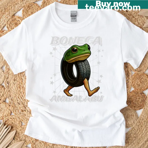 Funny graphic t-shirt with a frog on human feet and quirky text
