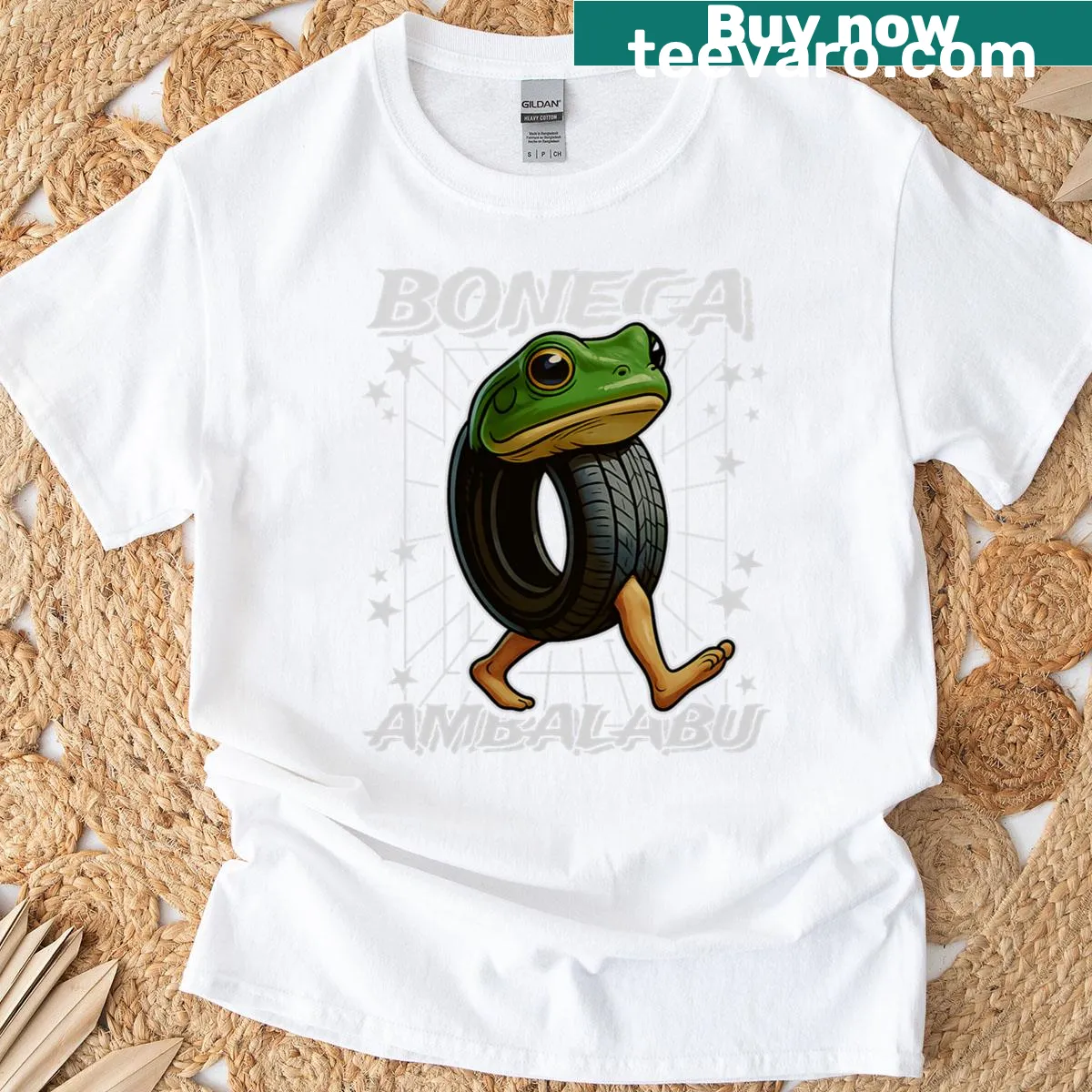 Funny graphic t-shirt with a frog on human feet and quirky text — on a men's t-shirt
