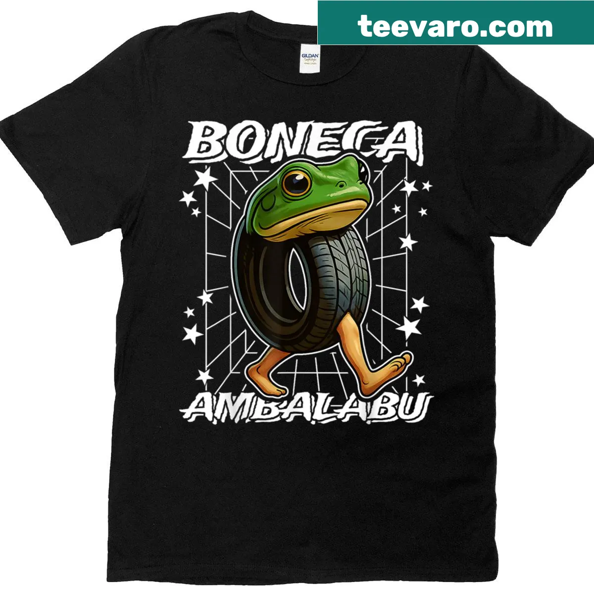 Whimsical frog tire design with human feet in cartoon style — on a men's t-shirt