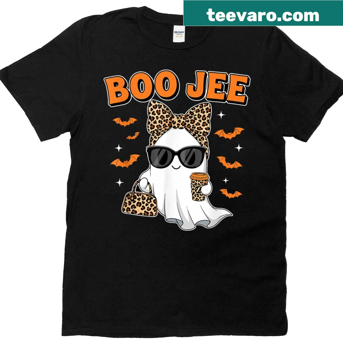Chic ghost with leopard bow and pumpkin latte for Halloween — on a men's t-shirt