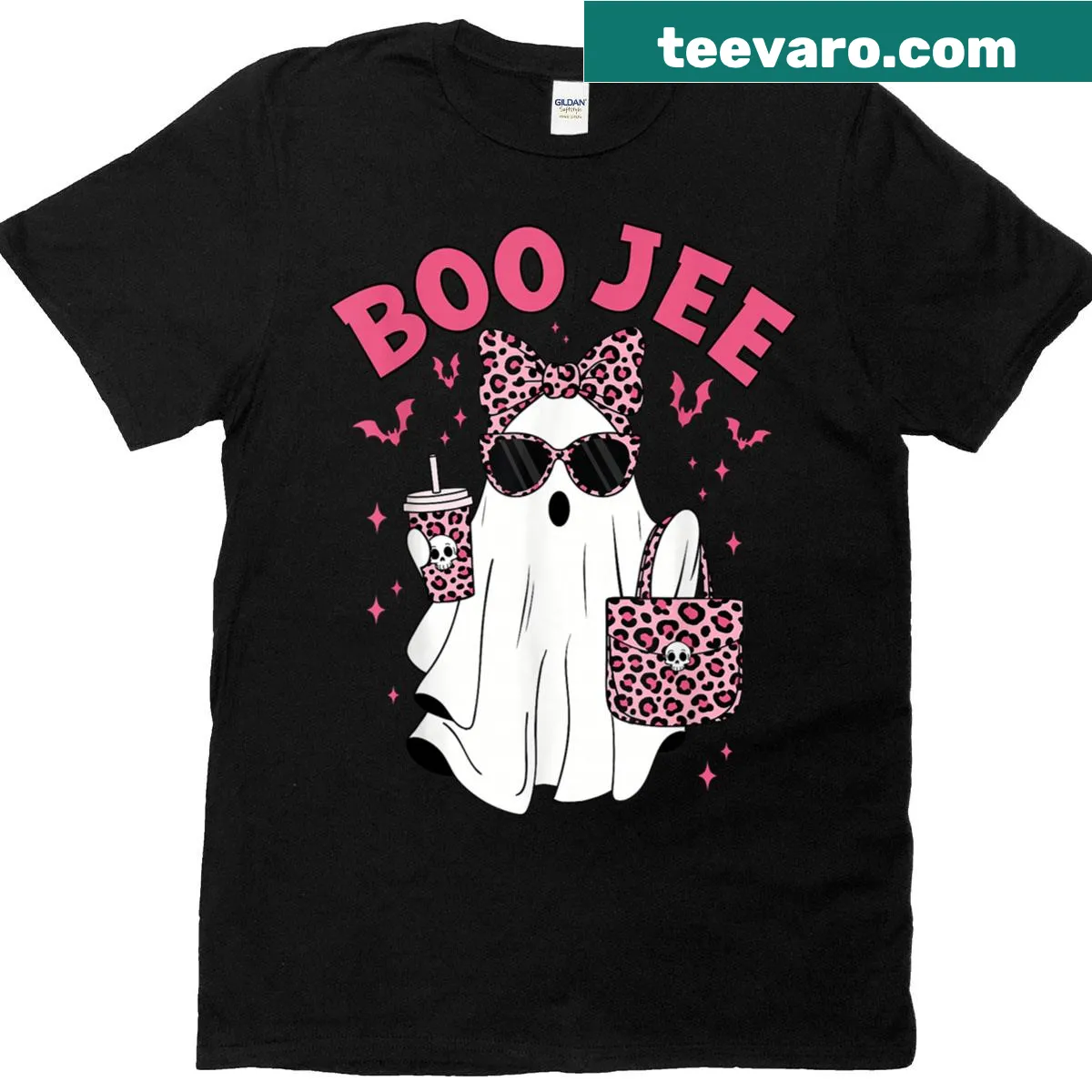Playful Halloween T-shirt with pink ghost and coffee theme — on a men's t-shirt