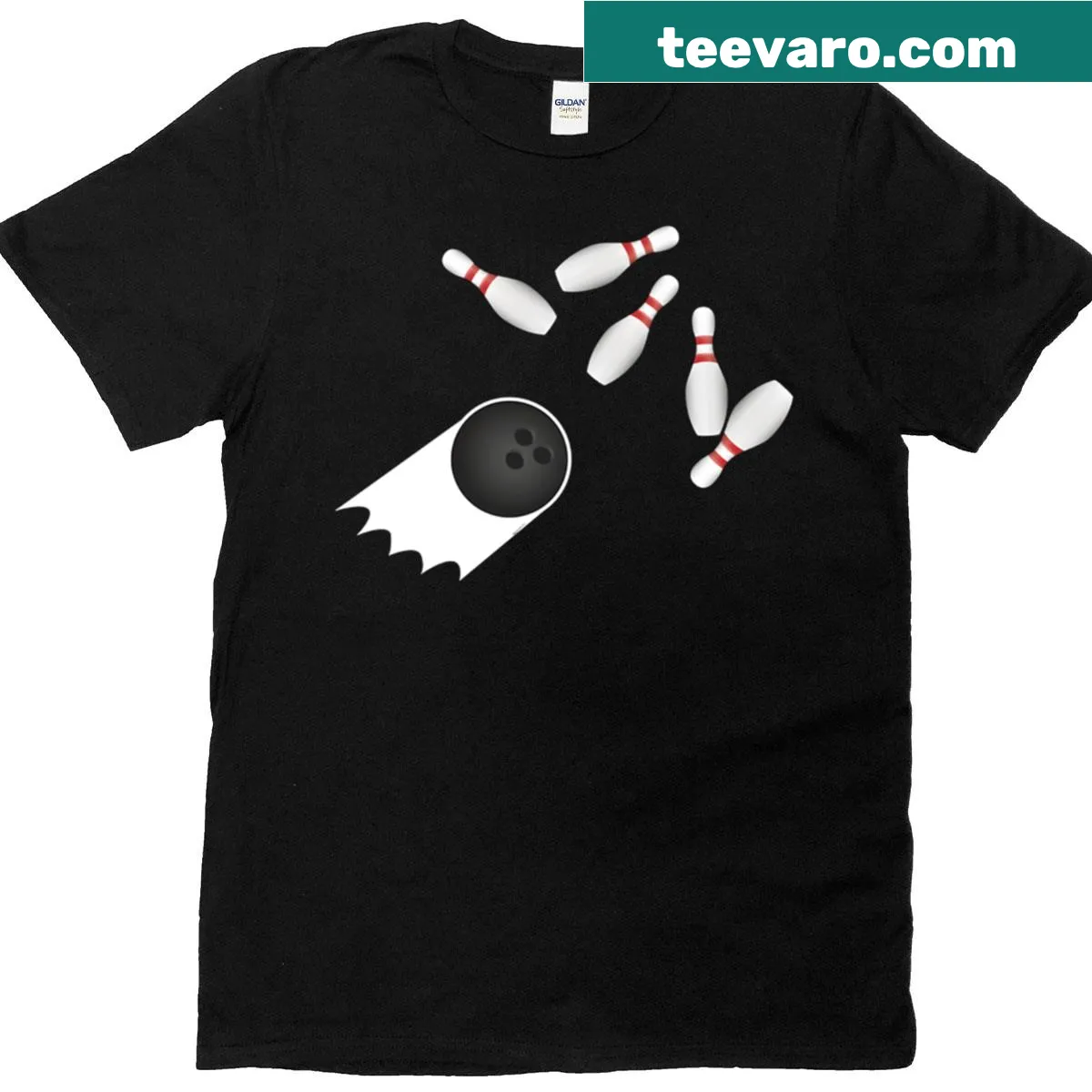 Cartoon bowling ball striking pins on a humorous t-shirt — on a men's t-shirt