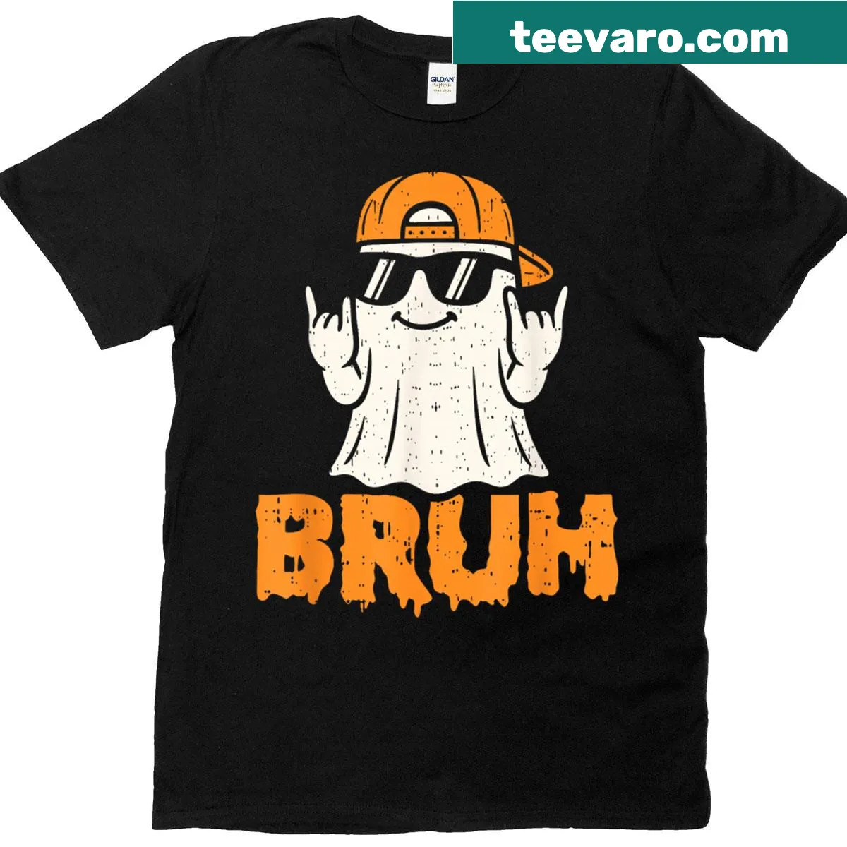 Cute Halloween t-shirt featuring a cartoon ghost holding candy — on a men's t-shirt