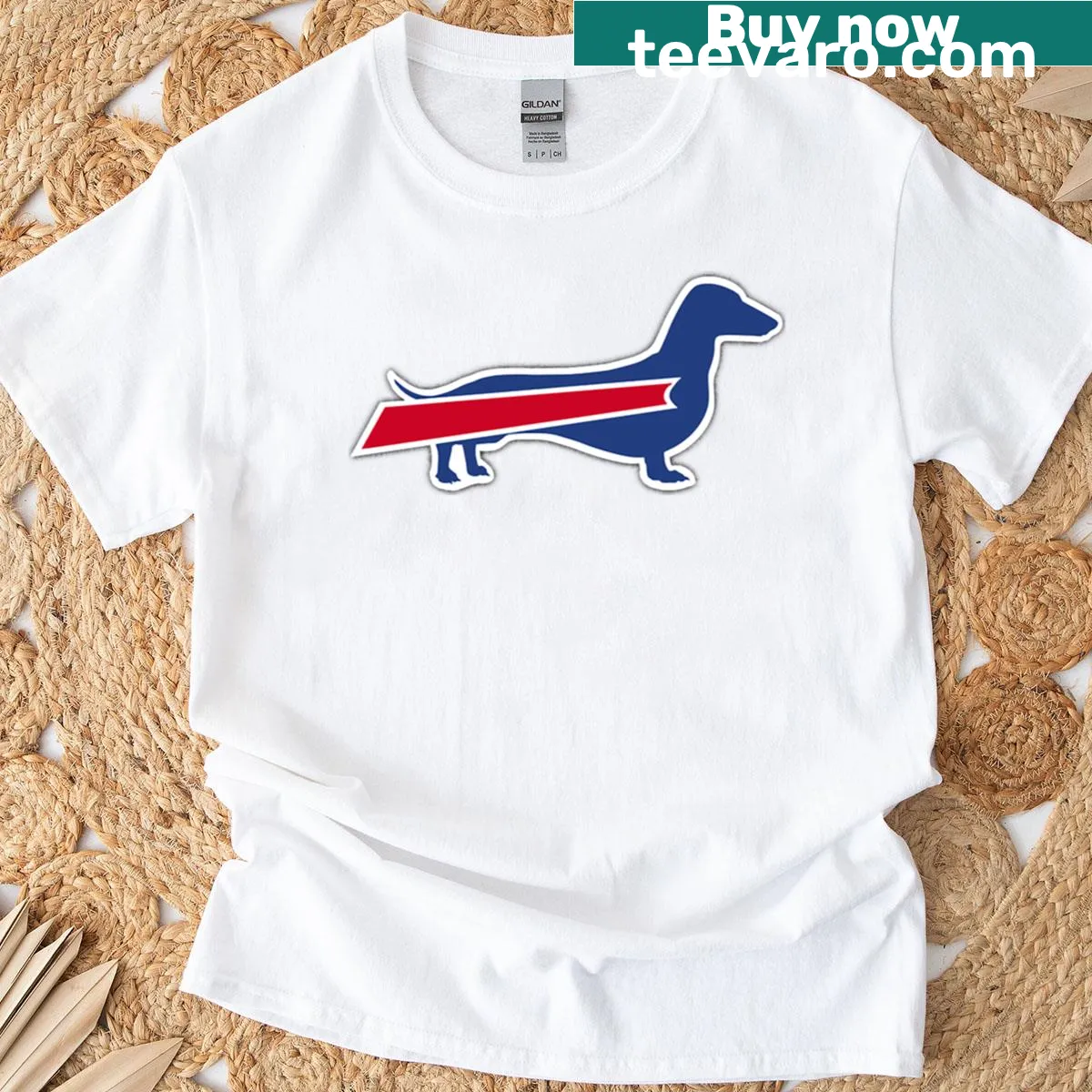 Dachshund in Buffalo Bills gear illustration on a t-shirt — on a men's t-shirt