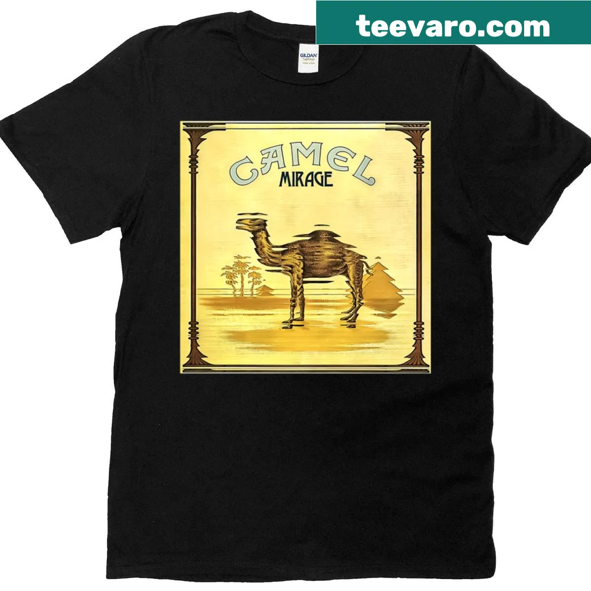 Minimalist silhouette t-shirt of a camel in a mirage — on a men's t-shirt