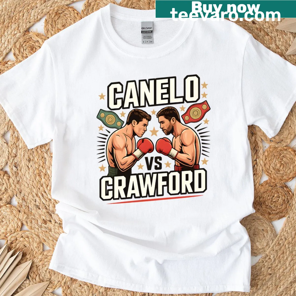Boxing match design T-shirt featuring Canelo vs Crawford — on a men's t-shirt