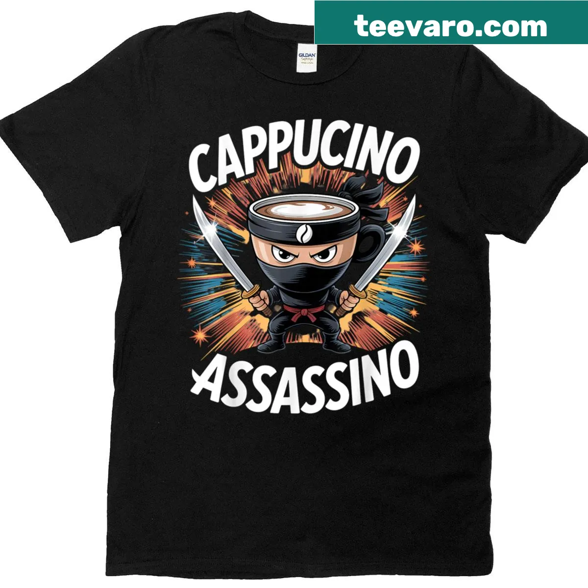 Funny T-shirt with a cartoon cappuccino assassin design — on a men's t-shirt