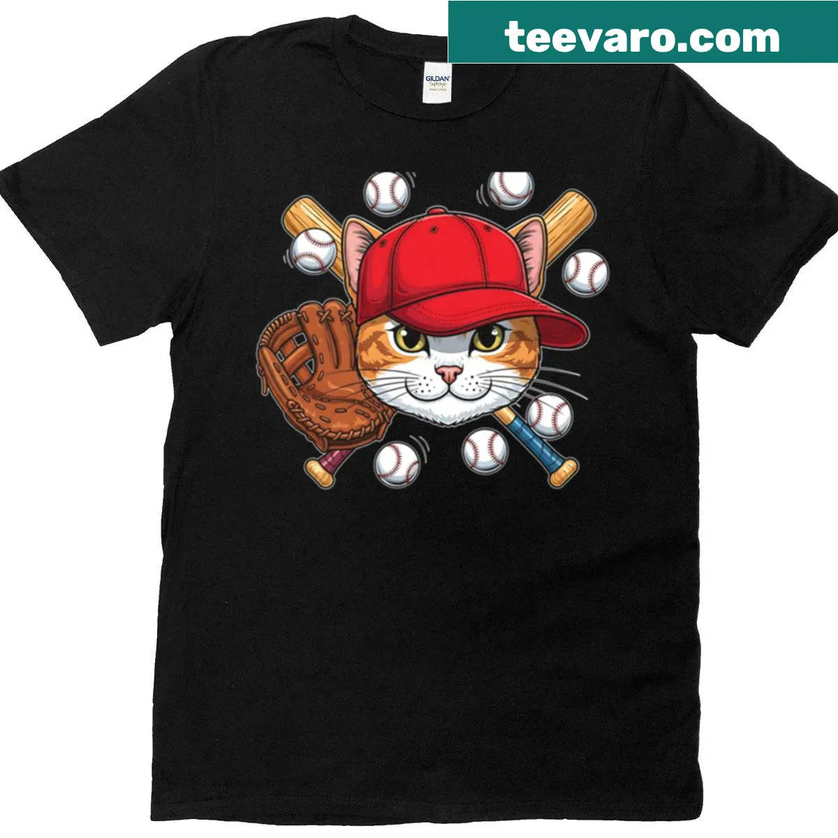 Illustration of a cat dressed as a baseball player on t-shirt — on a men's t-shirt