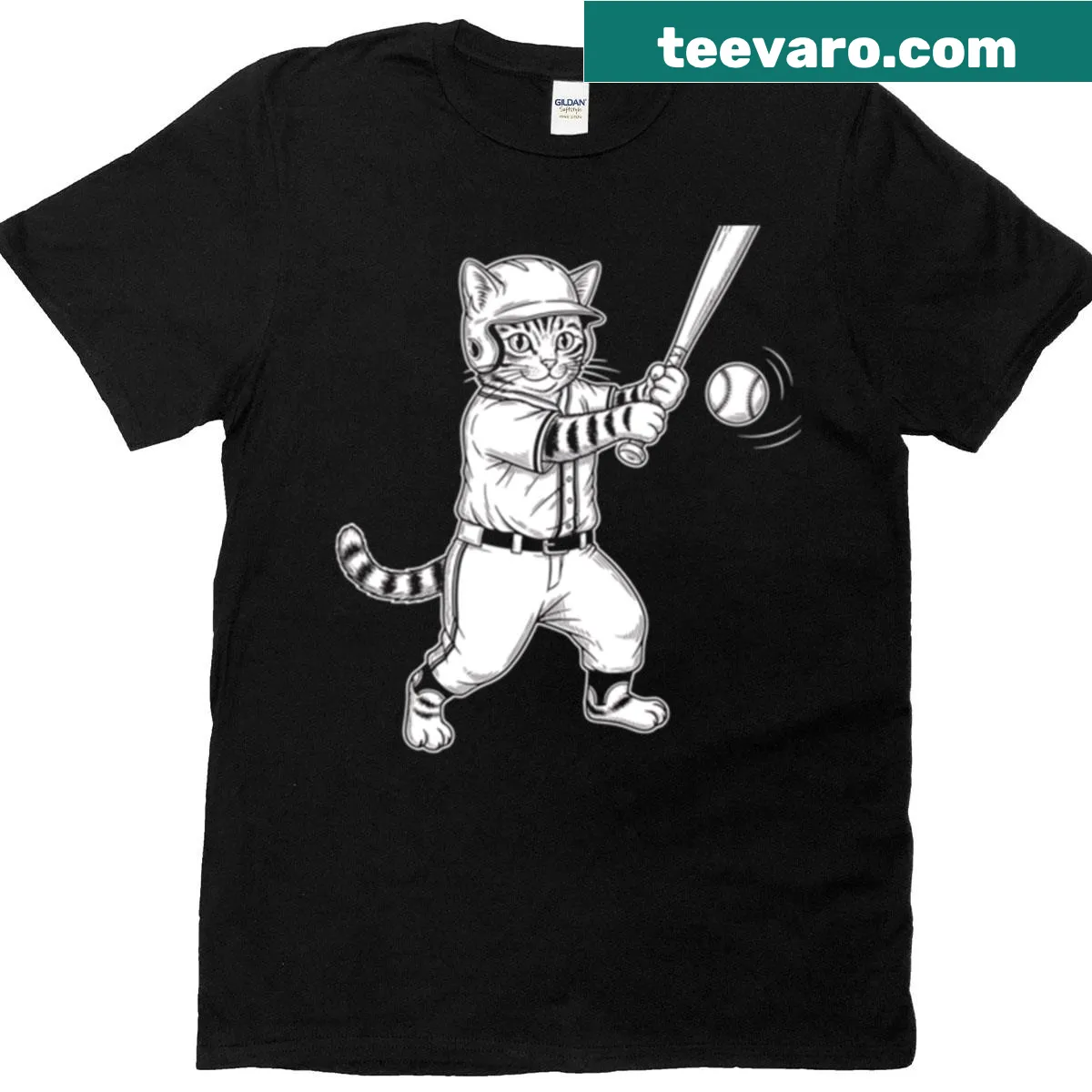 Vintage distressed cat playing baseball graphic on a t-shirt — on a men's t-shirt
