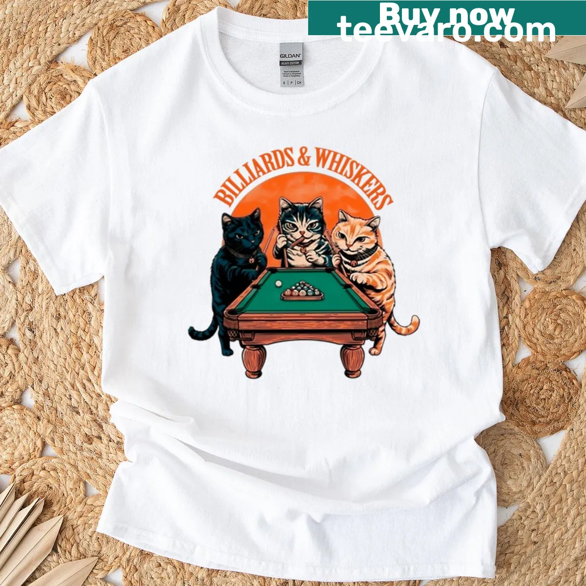 Vintage design of cats playing billiards, retro style — on a men's t-shirt