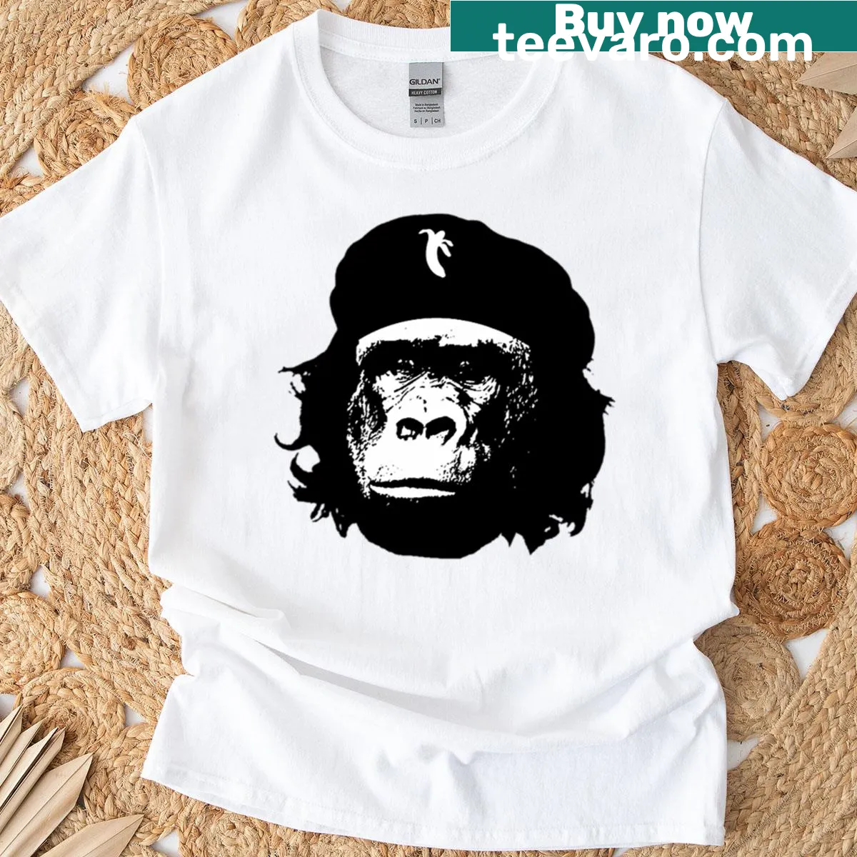 Funny graphic T-shirt featuring a gorilla named Che — on a men's t-shirt