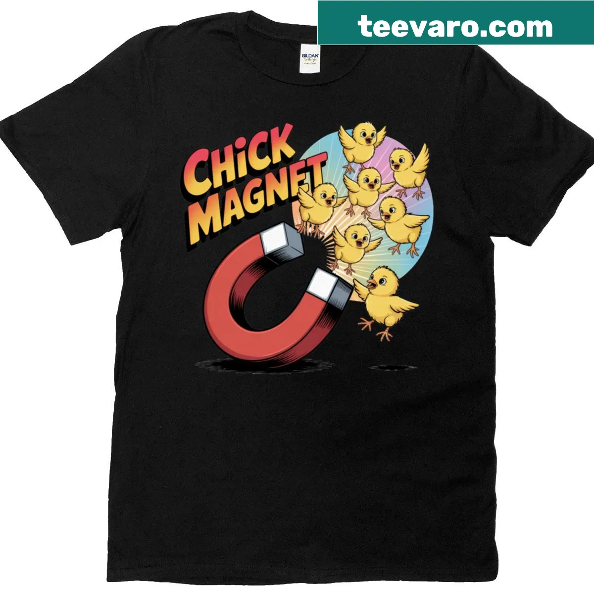 Funny Chick Magnet Halloween t-shirt with cartoon graphic — on a men's t-shirt