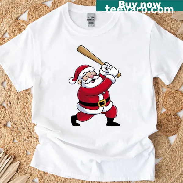 Kids Christmas t-shirt with Santa playing baseball illustration