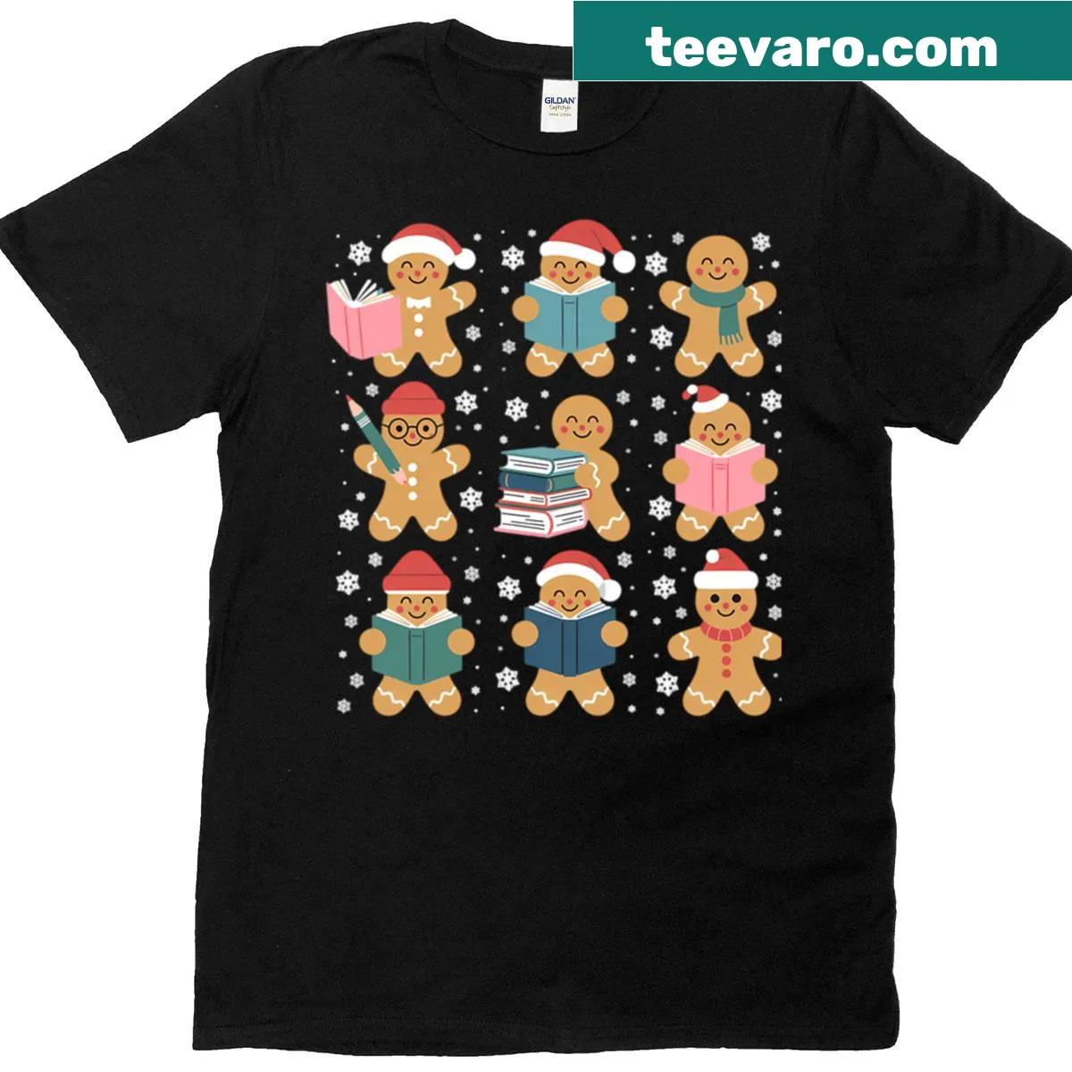 Christmas t-shirt with gingerbread man surrounded by books. — on a men's t-shirt