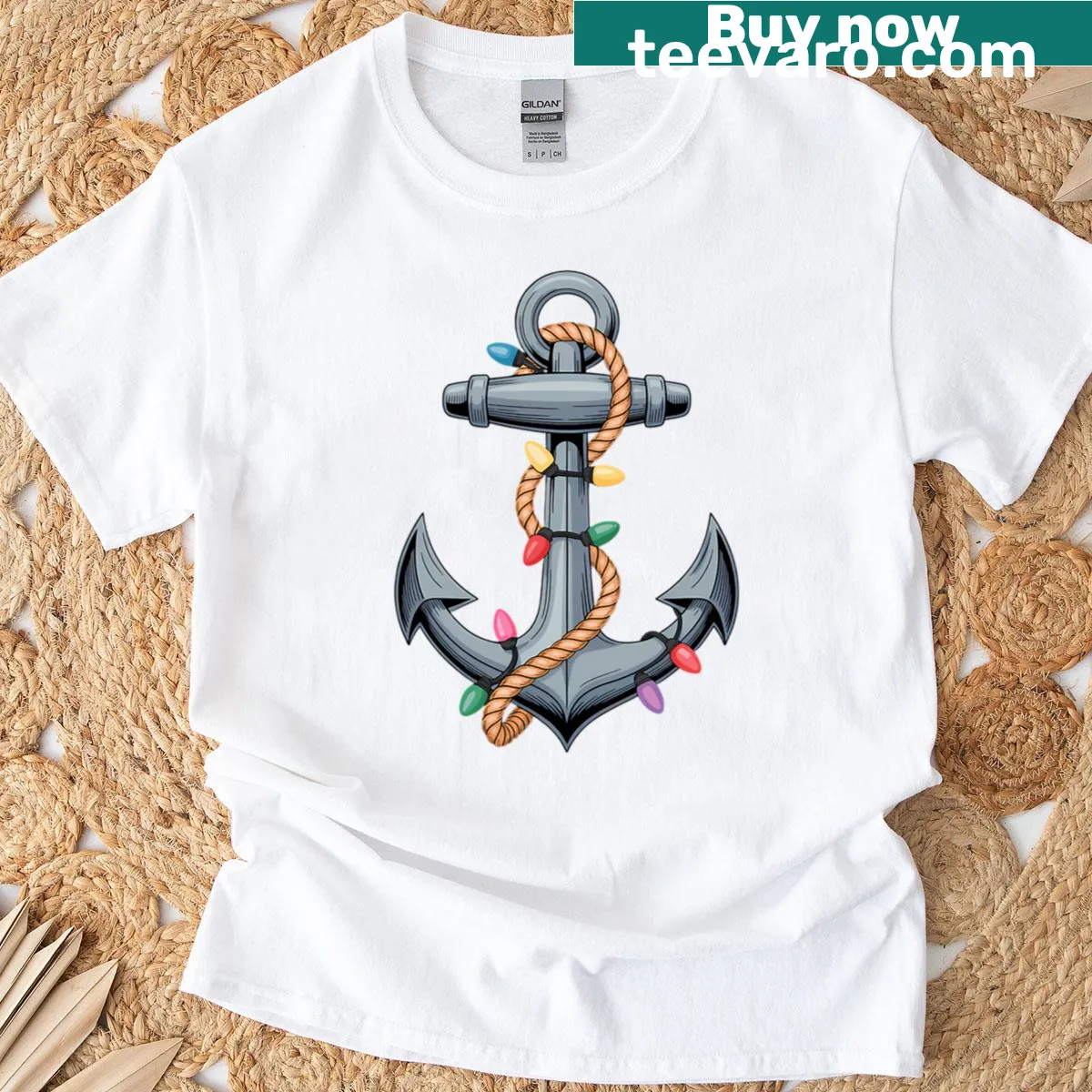 Boat with Christmas lights graphic on a t-shirt — on a men's t-shirt