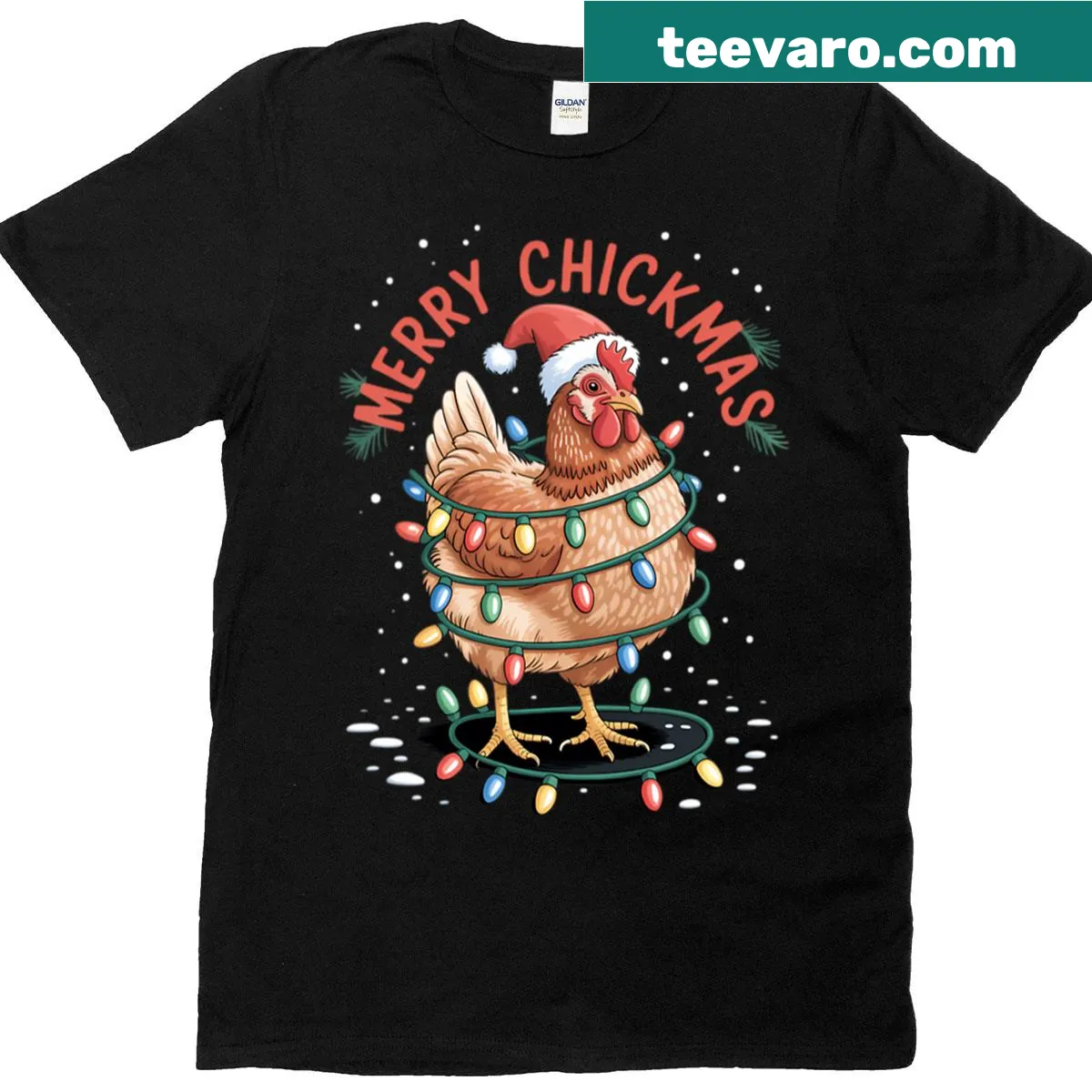Funny t-shirt with cartoon chicken in Christmas lights and Santa hat — on a men's t-shirt