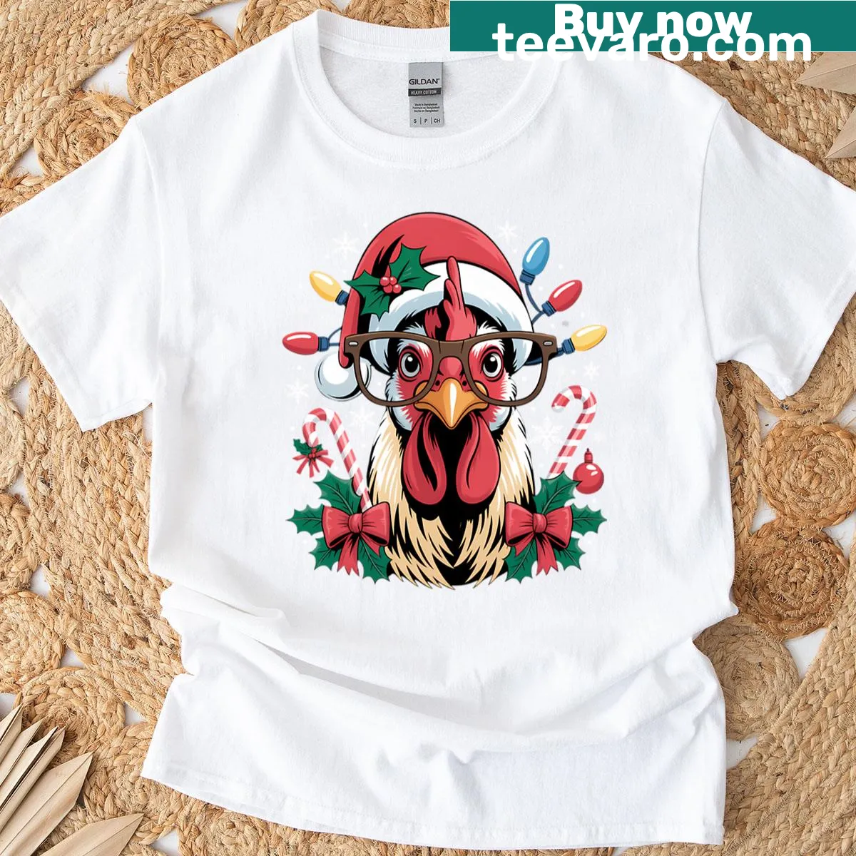 Funny Christmas T-shirt featuring a chicken Santa with lights — on a men's t-shirt