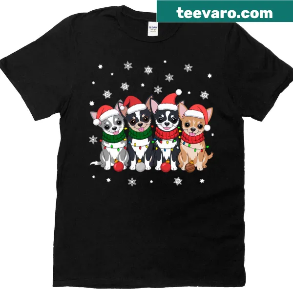 Cute chihuahua in Christmas lights and Santa hat on a t-shirt