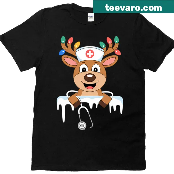 Christmas T-shirt with a nurse in Santa hat and reindeer illustration
