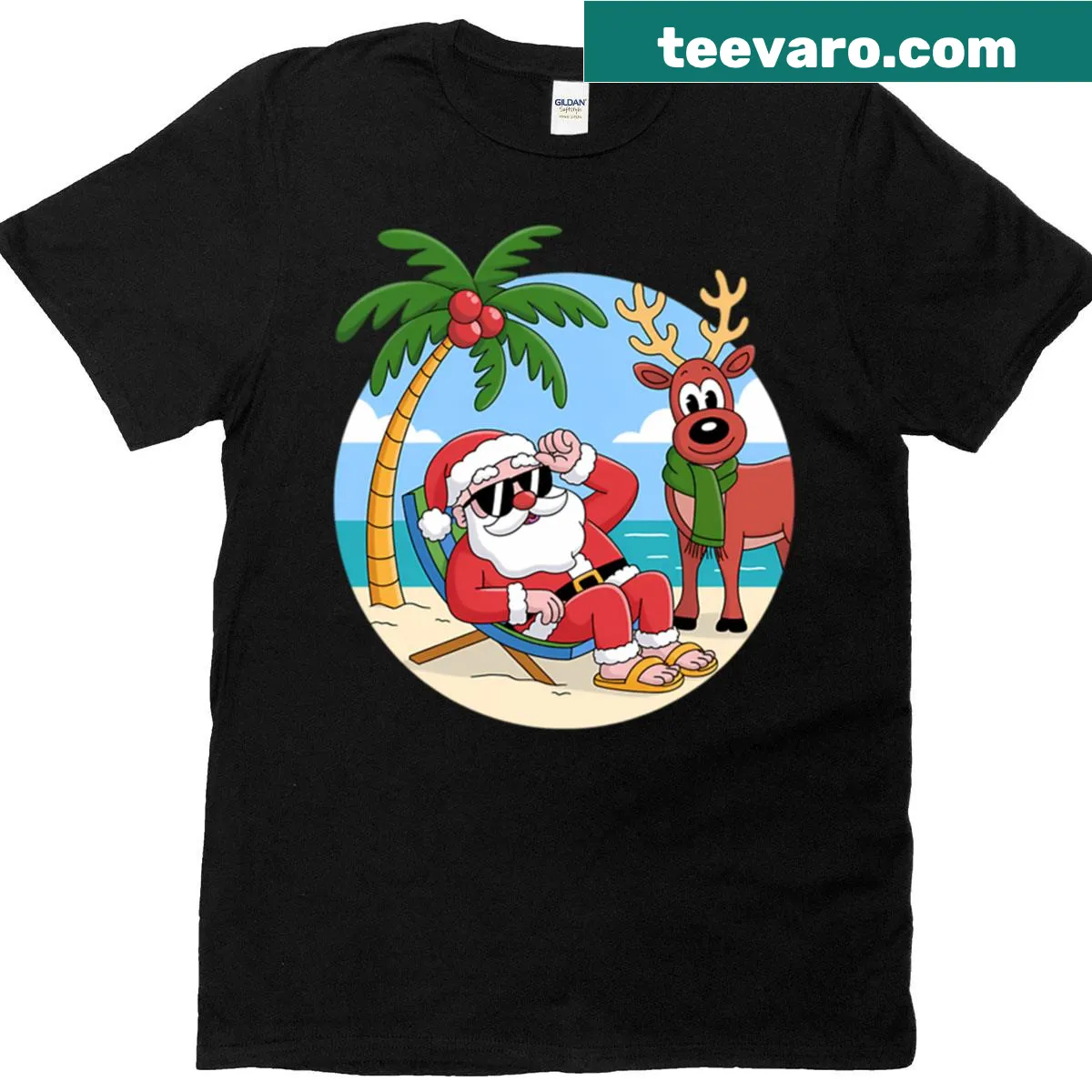 Christmas in July t-shirt with beach-themed design — on a men's t-shirt