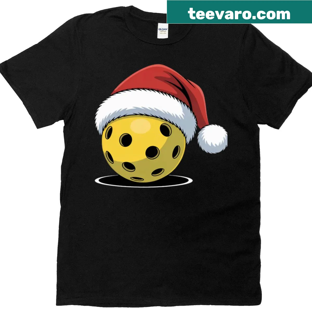 Pickleball graphic with Santa hat for a holiday-themed shirt — on a men's t-shirt