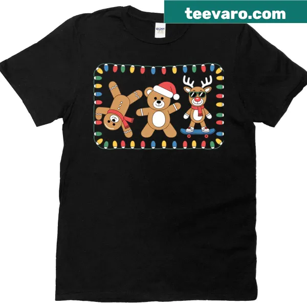 Santa Bear skating with reindeer and Christmas lights on a T-shirt