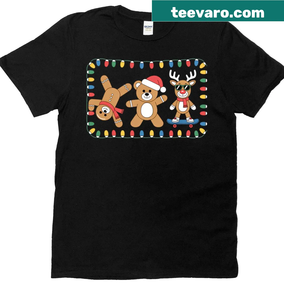 Santa Bear skating with reindeer and Christmas lights on a T-shirt — on a men's t-shirt