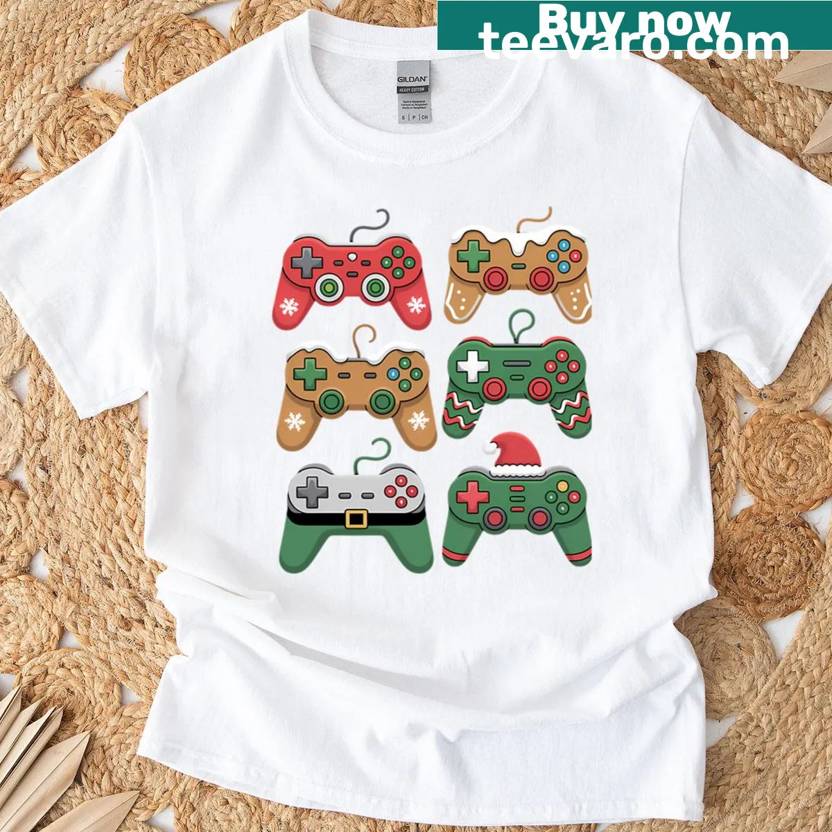 Santa and elf with gaming controllers in a festive design — on a men's t-shirt