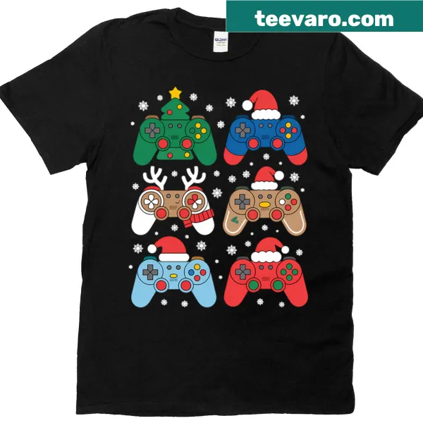 T-shirt featuring Santa with gaming controllers and a snowman