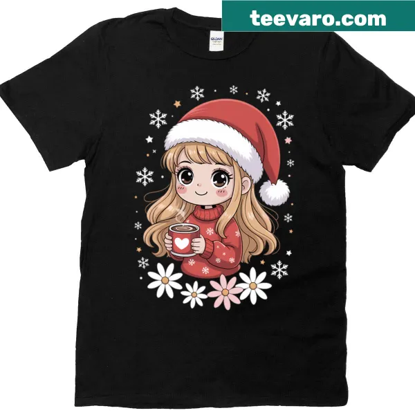 Cute Santa girl with coffee and flowers on a Christmas t-shirt
