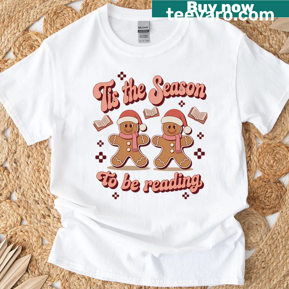 Retro Christmas librarian T-shirt with book graphics — on a men's t-shirt