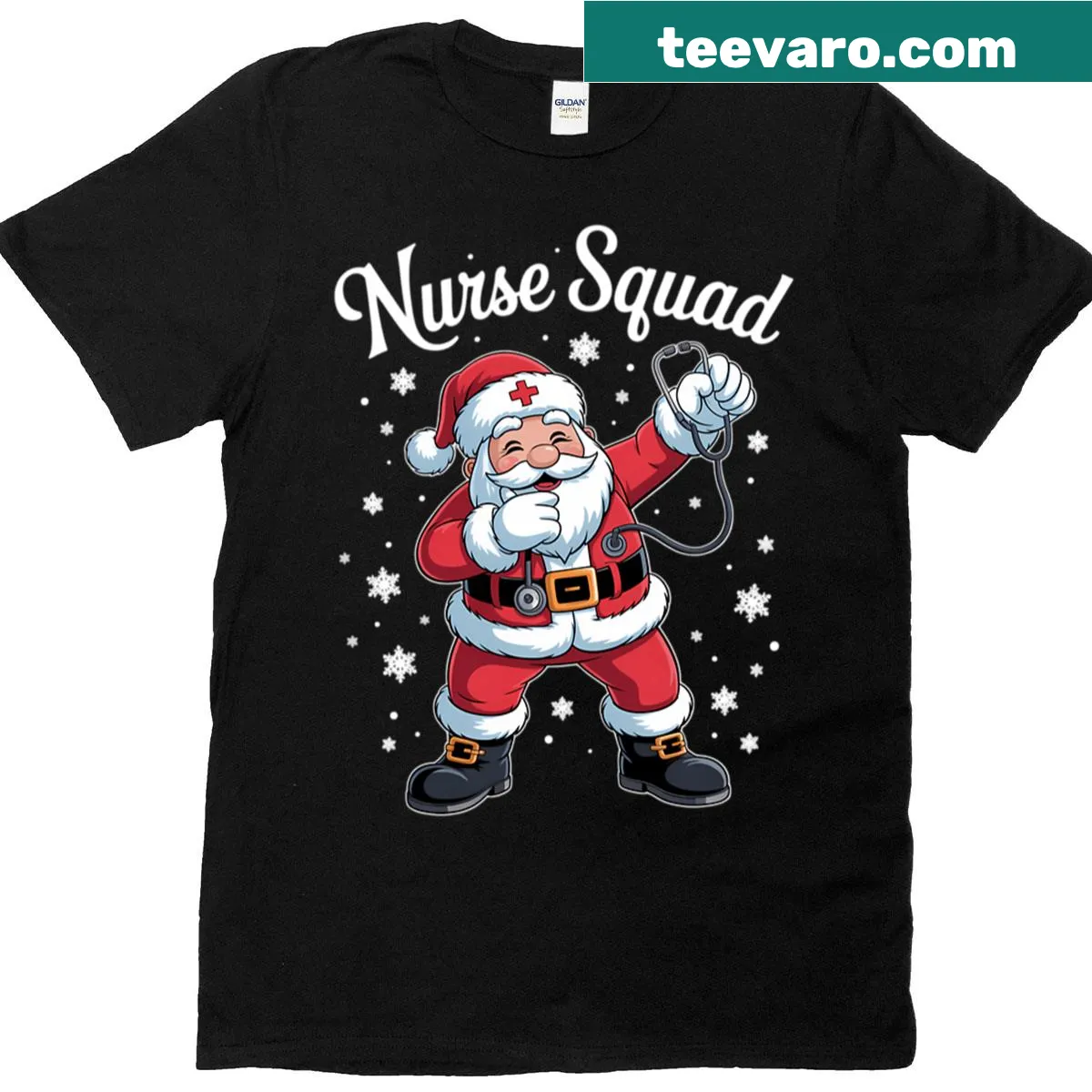 Dabbing Santa illustration on a festive nurse scrub t-shirt. — on a men's t-shirt