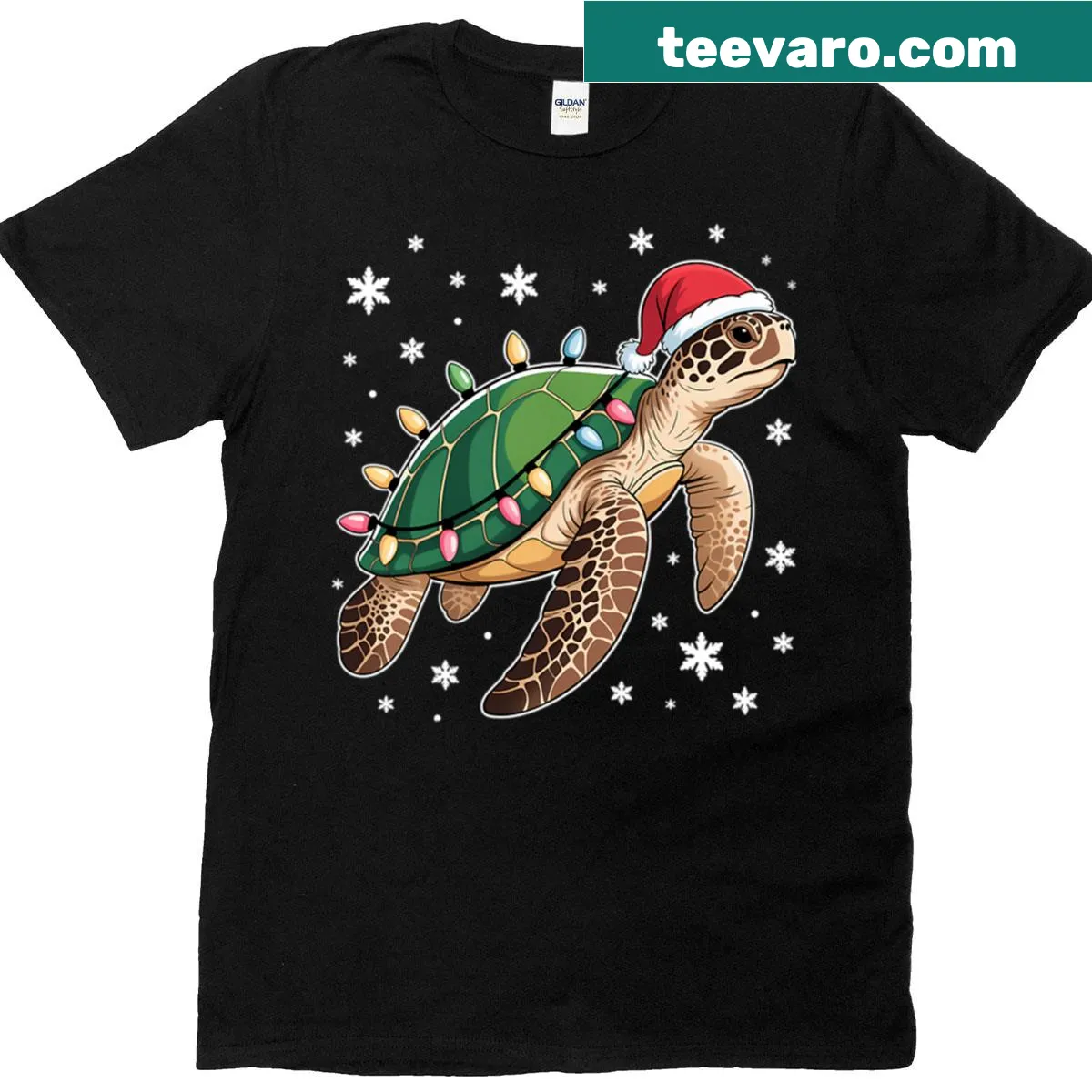 Sea turtle wearing a Santa hat in a holiday-themed graphic — on a men's t-shirt