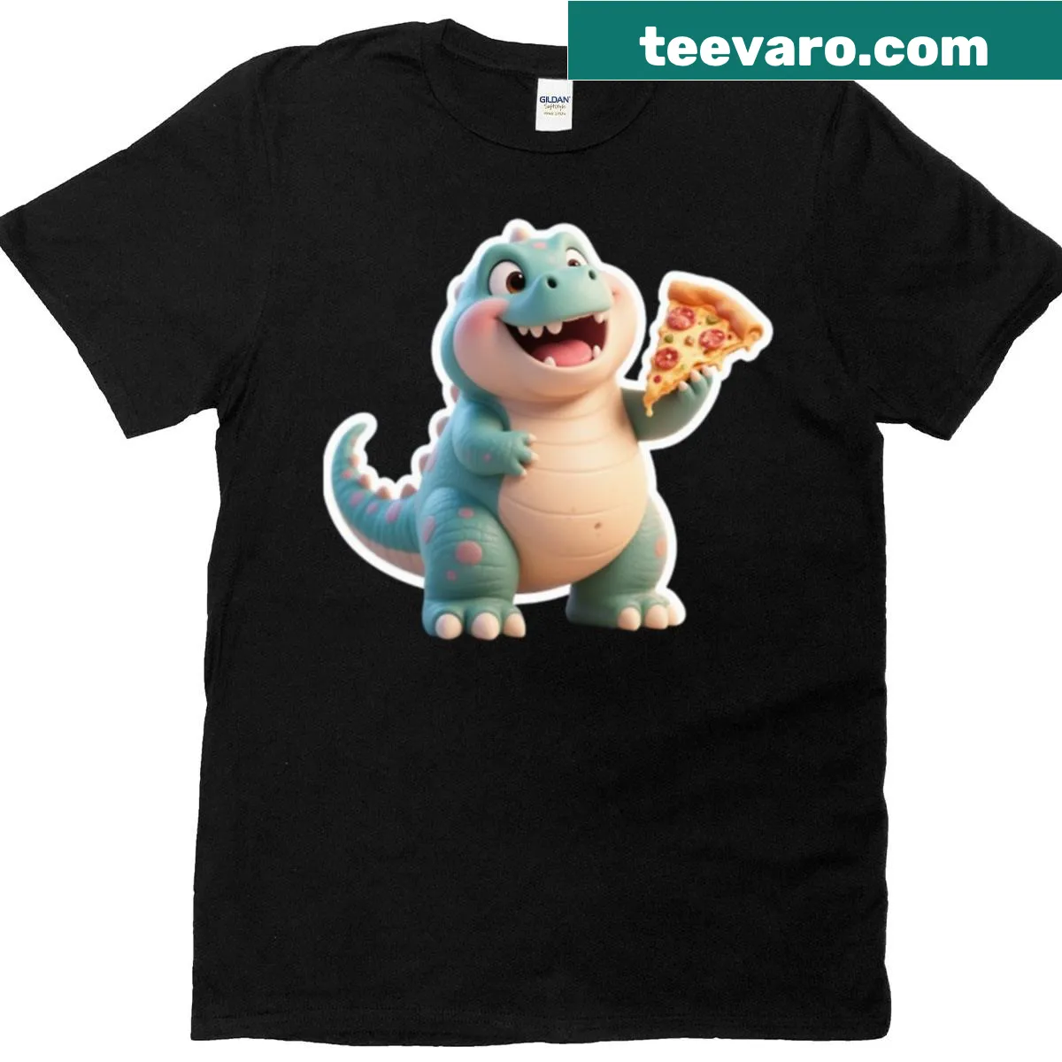 Cartoon T-shirt featuring a chubby dinosaur enjoying pizza — on a men's t-shirt