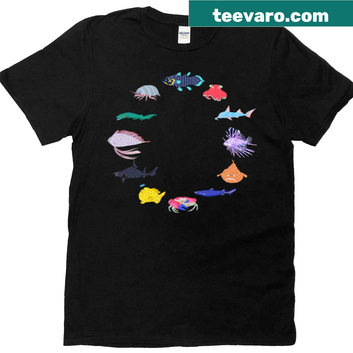 Illustration of deep sea creatures in a circle design on t-shirt — on a men's t-shirt